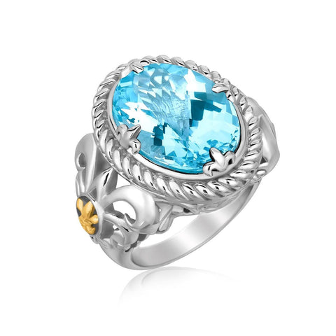 18K Yellow Gold and Sterling Silver Oval Blue Topaz Ring with Fluer De Lis Decor