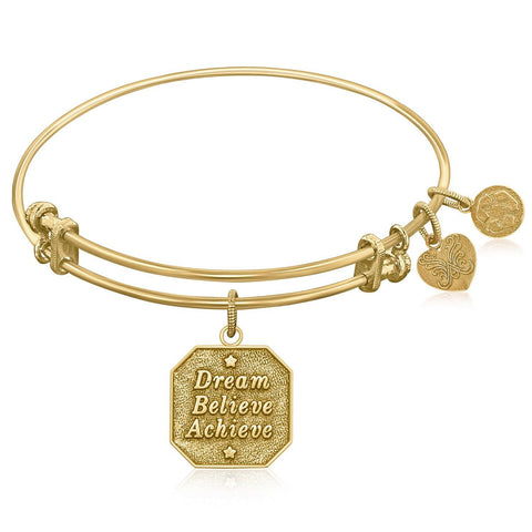 Expandable Bangle in Yellow Tone Brass with Dream Believe Achieve Symbol