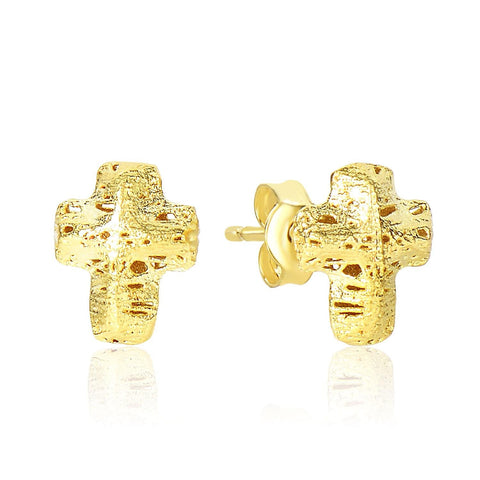 14K Yellow Gold Puff Crucifix Earrings with Texture