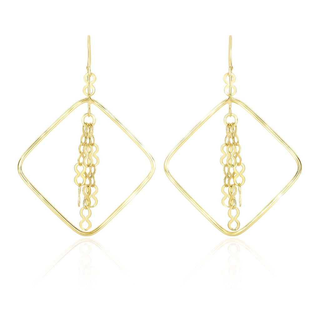 14K Yellow Gold Open Rounded Diamond Earrings with Center Dangling Chains