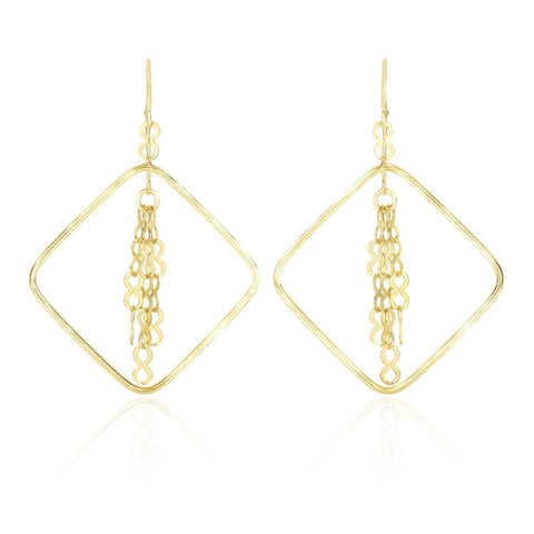 14K Yellow Gold Open Rounded Diamond Earrings with Center Dangling Chains