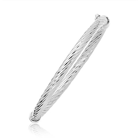 14K White Gold Twisted Motif Shiny Fancy Bangle