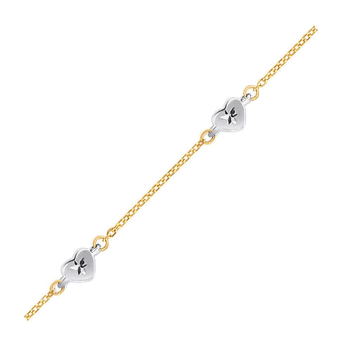 14K Two Tone Gold Anklet with Diamond Cut Heart Style Stations