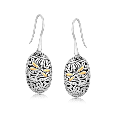 18K Yellow Gold and Sterling Silver Oval Drop Earrings with Dragonfly Motifs