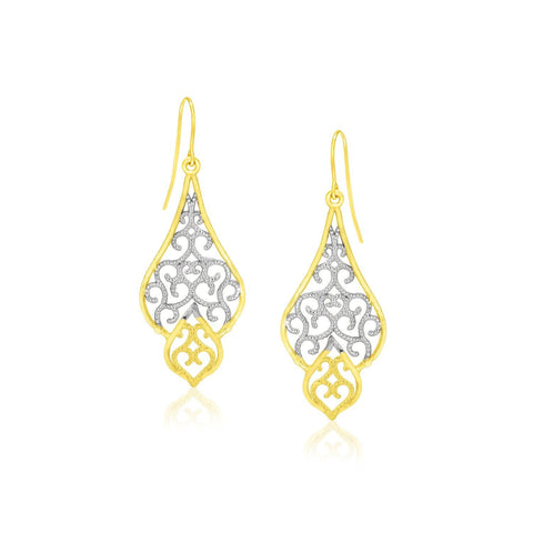 10K Tri-Color Gold Filigree Motif Fancy Drop Earrings