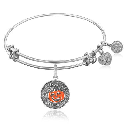 Expandable Bangle in white Tone Brass with Trick Or Treat Pumpkin Symbol