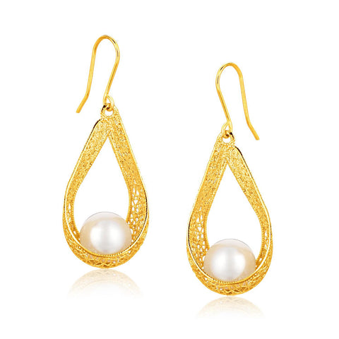 Italian Design 14K Yellow Gold Pearl Crochet Teardrop Ribbon Earrings