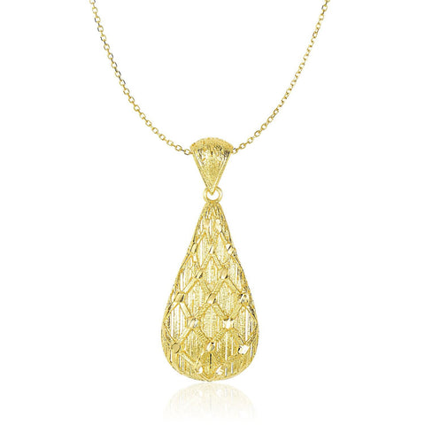 14K Yellow Gold Teardrop Pendant with Sanded Textured Diamond Pattern