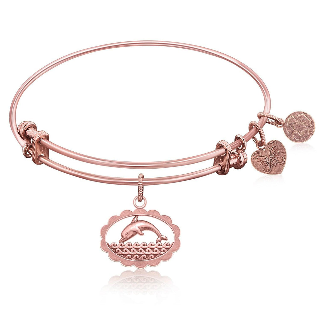 Expandable Bangle in Pink Tone Brass with Dolphin Be In Touch Symbol