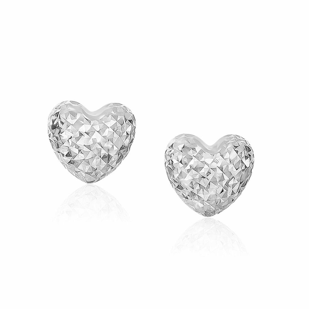 14K White Gold Puffed Heart Earrings with Diamond Cuts