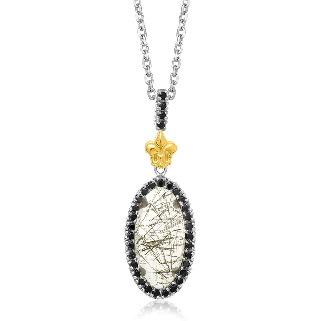 18K Yellow Gold & Sterling Silver Oval Rutilated Quartz and Black Spinel Pendant