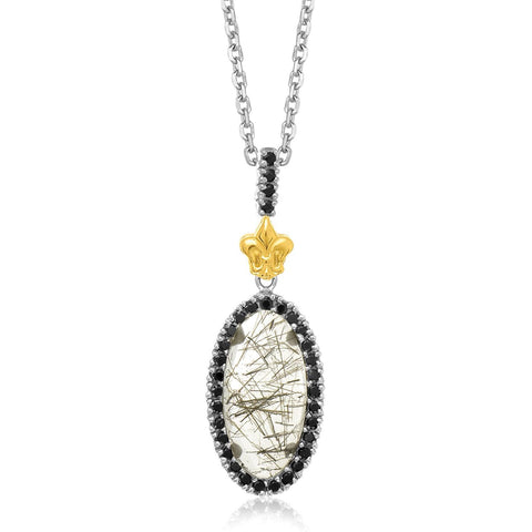 18K Yellow Gold & Sterling Silver Oval Rutilated Quartz and Black Spinel Pendant