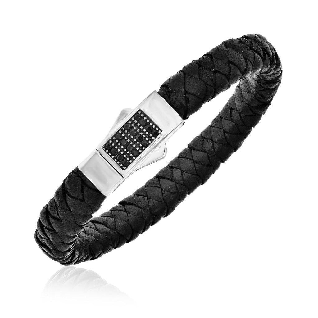 Sterling Silver Black Sapphire Accented Woven Leather Bracelet