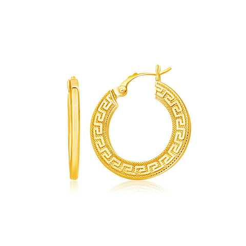 14K Yellow Gold Greek Key Medium Hoop Earrings with Flat Sides