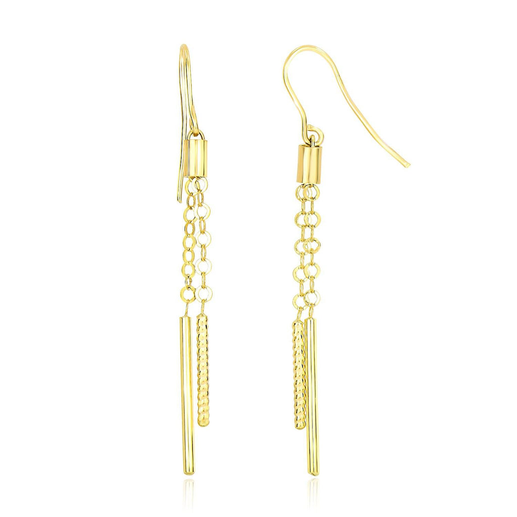 14K Yellow Gold Double Strand Cylinder and Chain Drop Style Earrings