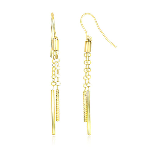 14K Yellow Gold Double Strand Cylinder and Chain Drop Style Earrings