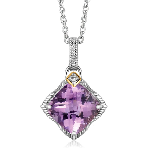 18K Yellow Gold and Sterling Silver Amethyst Pendant with Diamond Accents