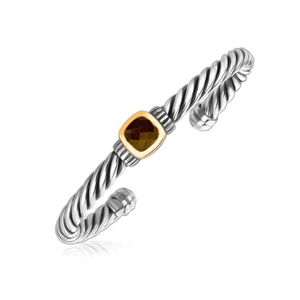 18K Yellow Gold and Sterling Silver Smokey Topaz Twist Style Cuff Bangle