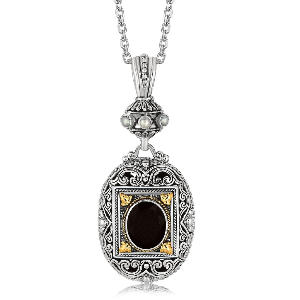 18K Yellow Gold and Sterling Silver Ornate Pendant with Black Onyx Centerpiece