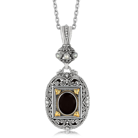 18K Yellow Gold and Sterling Silver Ornate Pendant with Black Onyx Centerpiece