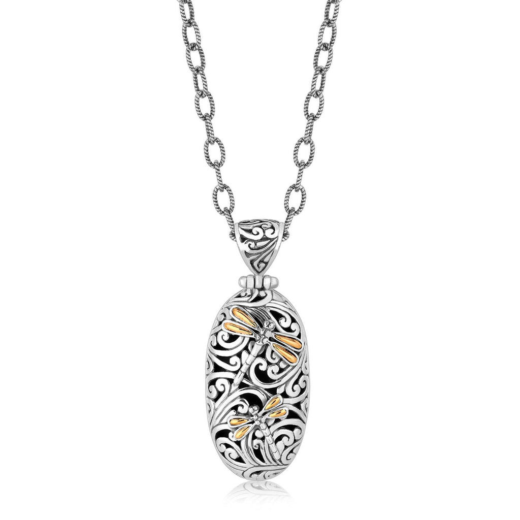 18K Yellow Gold and Sterling Silver Oval Pendant with Dragonfly Accents