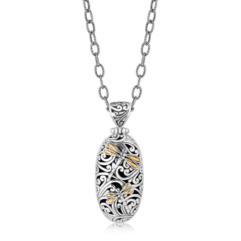 18K Yellow Gold and Sterling Silver Oval Pendant with Dragonfly Accents