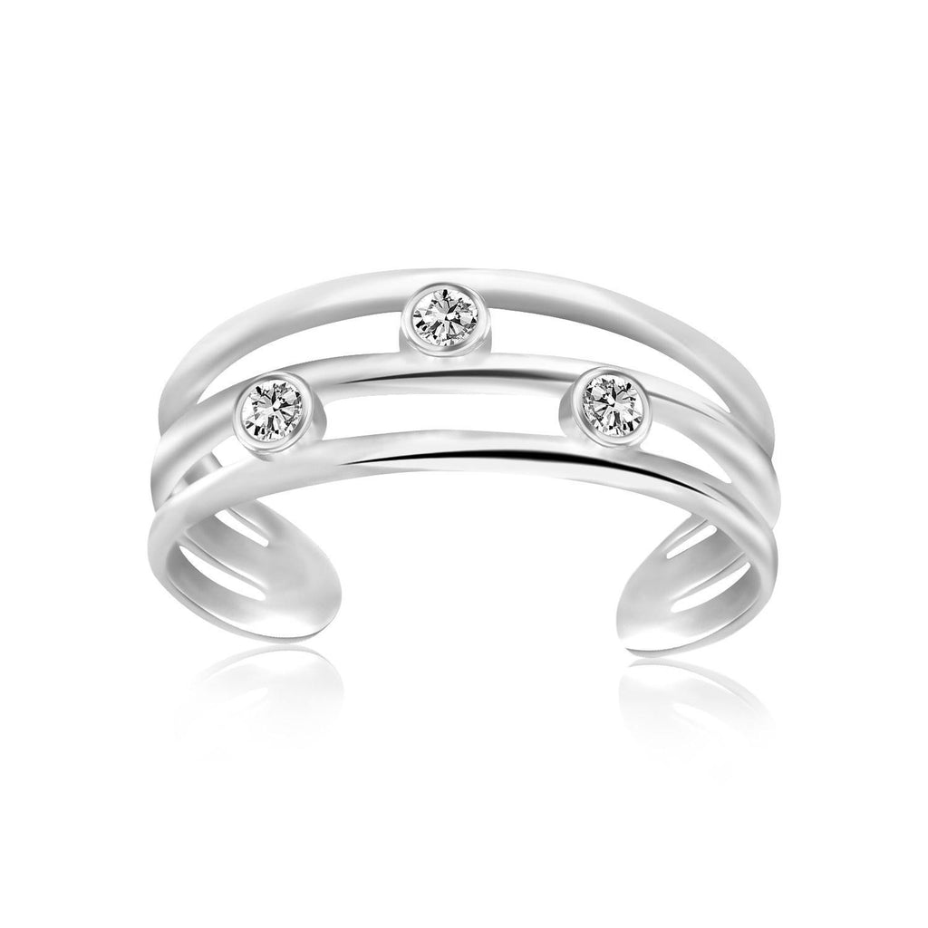 Sterling Silver Rhodium Plated Triple Line Open Motif Cubic Zirconia Toe Ring