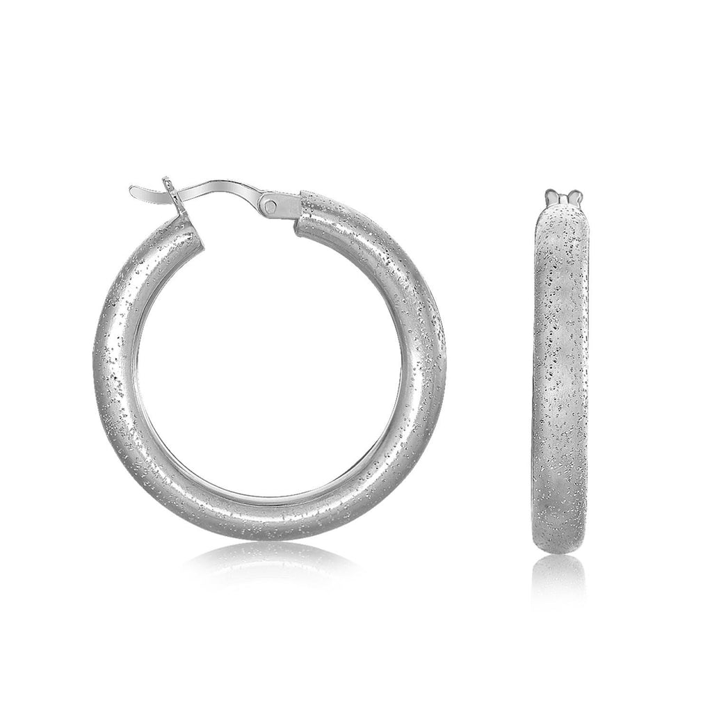 Sterling Silver Rhodium Plated Stardust Textured Hoop Earrings