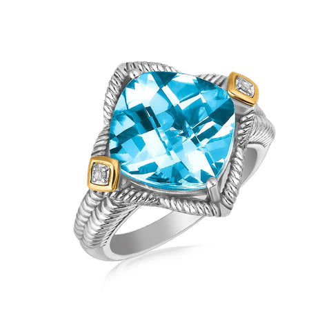 18K Yellow Gold and Sterling Silver Blue Topaz Cushion Ring with Diamond Accents