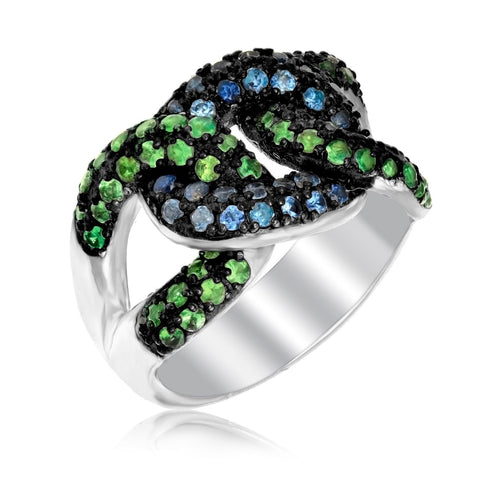 Sterling Silver Knot Ring with Tsavorite and Blue Sapphires