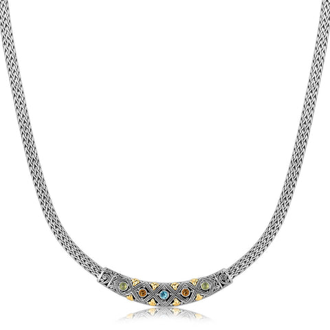 18K Yellow Gold and Sterling Silver Wheat Chain Necklace with Multi Gem Accents