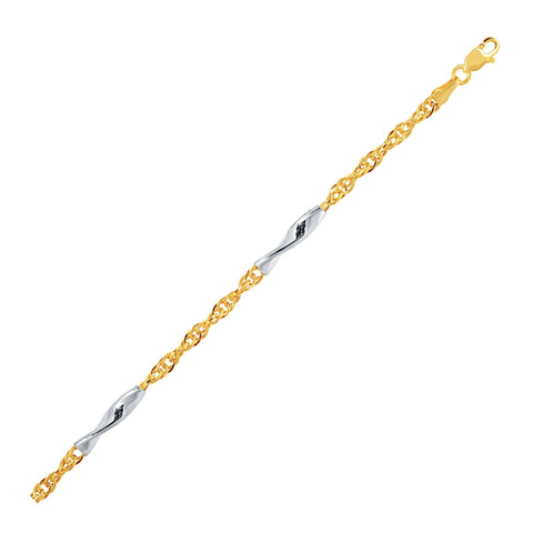 14K Two-Tone Gold Rope Bracelet with Polished Spiral Bar Stations