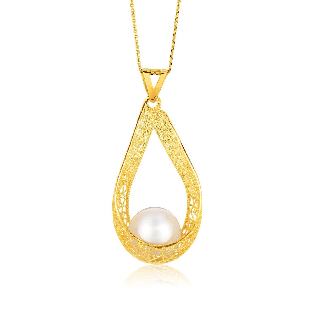 Italian Design 14K Yellow Gold Pearl Crochet Teardrop Ribbon Pendant