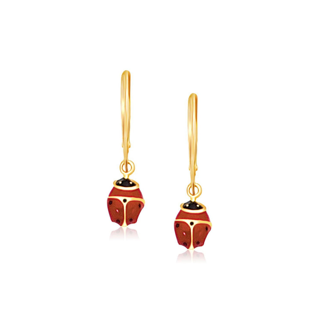 14K Yellow Gold Petite Enamel Lady Bug Drop Earrings