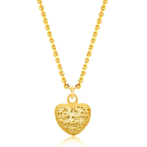 14K Yellow Gold Lace Design Puffed Heart Pendant