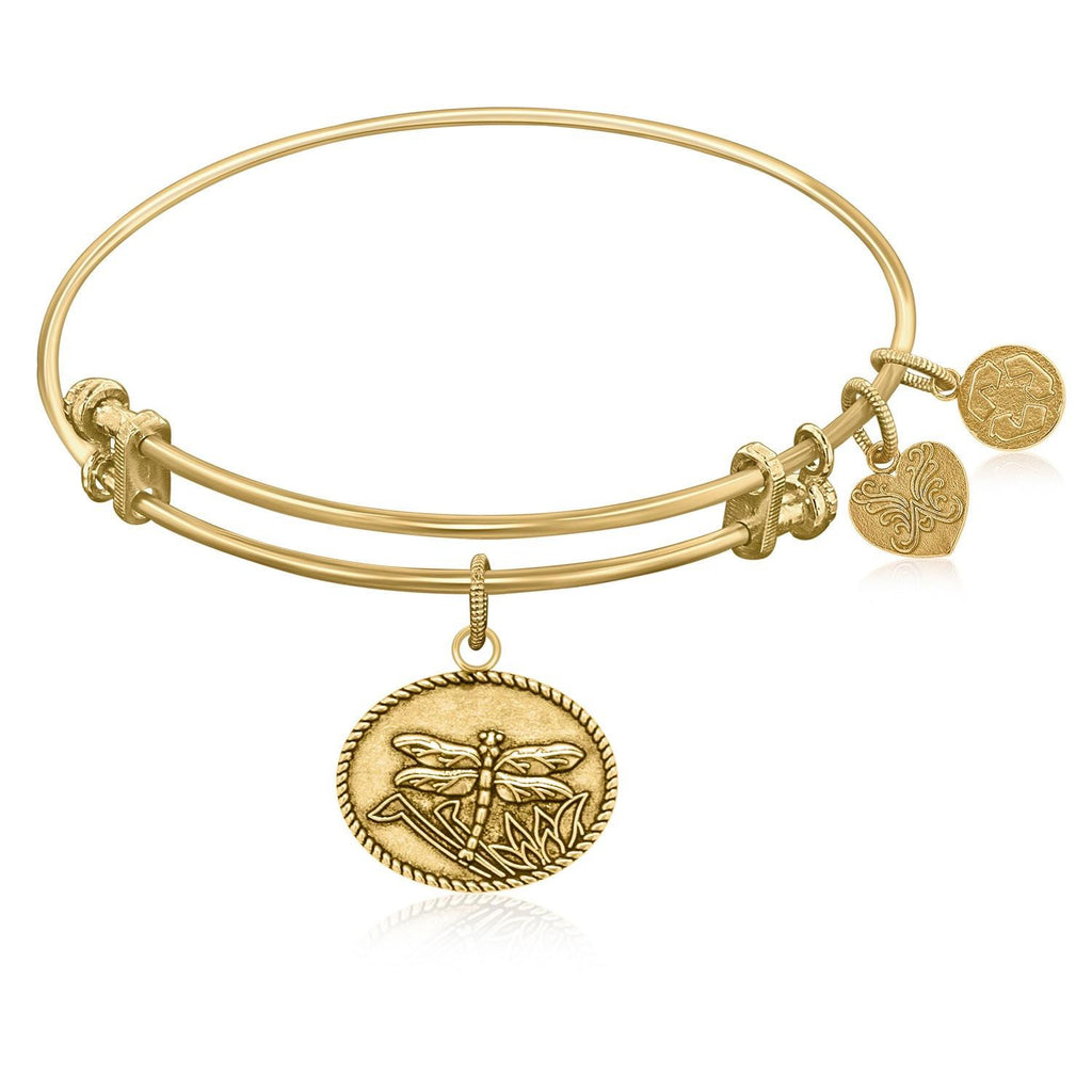 Expandable Bangle in Yellow Tone Brass with Dragonfly Life Changes Symbol