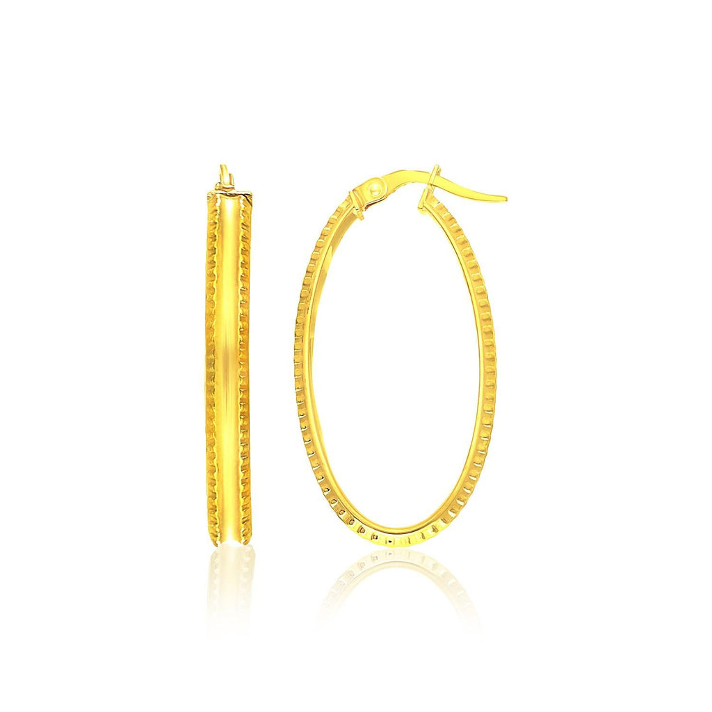 14K Yellow Gold Oval Textured Border Hoop Earrings