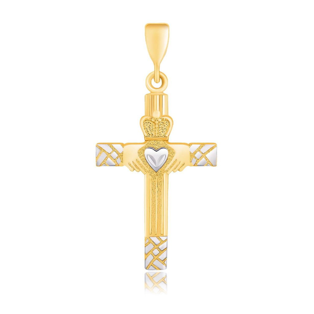 14K Two-Tone Gold Cross Pendant with a Claddagh Motif