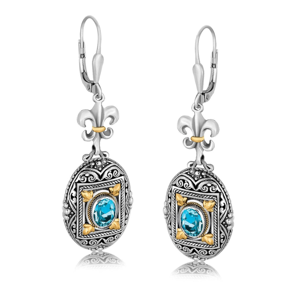 18K Yellow Gold and Sterling Silver Fleur De Lis Accent Blue Topaz Drop Earrings