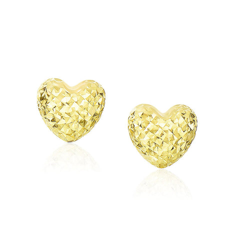 14K Yellow Gold Puffed Heart Earrings with Diamond Cuts