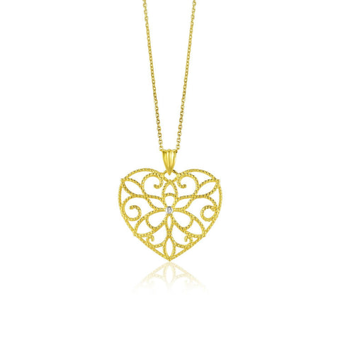 14K Yellow Gold Filigree Heart Pendant with Center Diamond