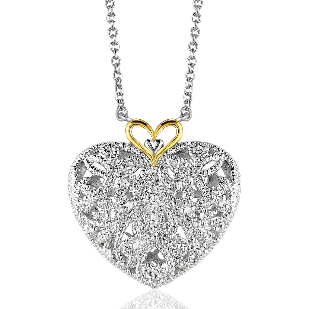 Sterling Silver and 14K Yellow Gold Filigree Heart Pendant with Diamond Accent