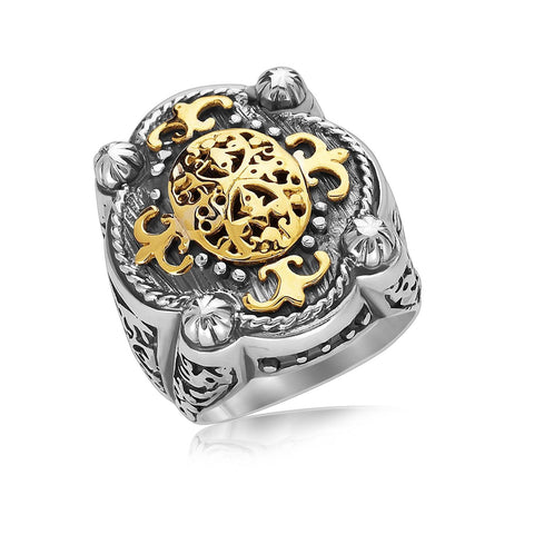 18K Yellow Gold and Sterling Silver Intricate Filigree Four Prong Ring