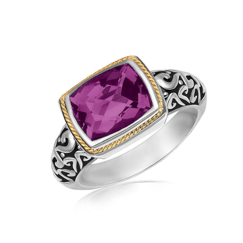 18K Yellow Gold and Sterling Silver Rectangular Amethyst Ring