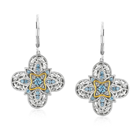 Sterling Silver and 14K Yellow Gold Blue Topaz Quatrefoil Earrings with Diamonds