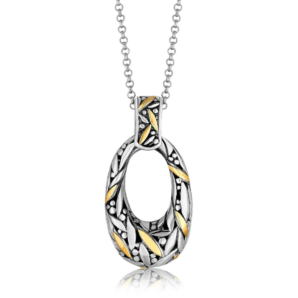 18K Yellow Gold and Sterling Silver Open Oval Marquise Decorated Pendant