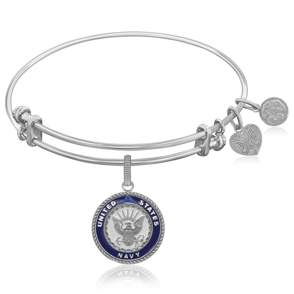 Expandable Bangle in White Tone Brass with Enamel U.S. Navy Symbol