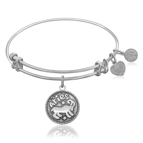 Expandable Bangle in White Tone Brass with Aries Symbol