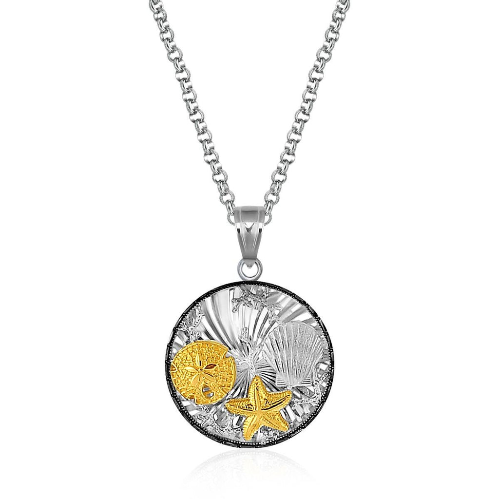 Sterling Silver and 14K Yellow Gold Round Undersea Pendant with Black Crystal