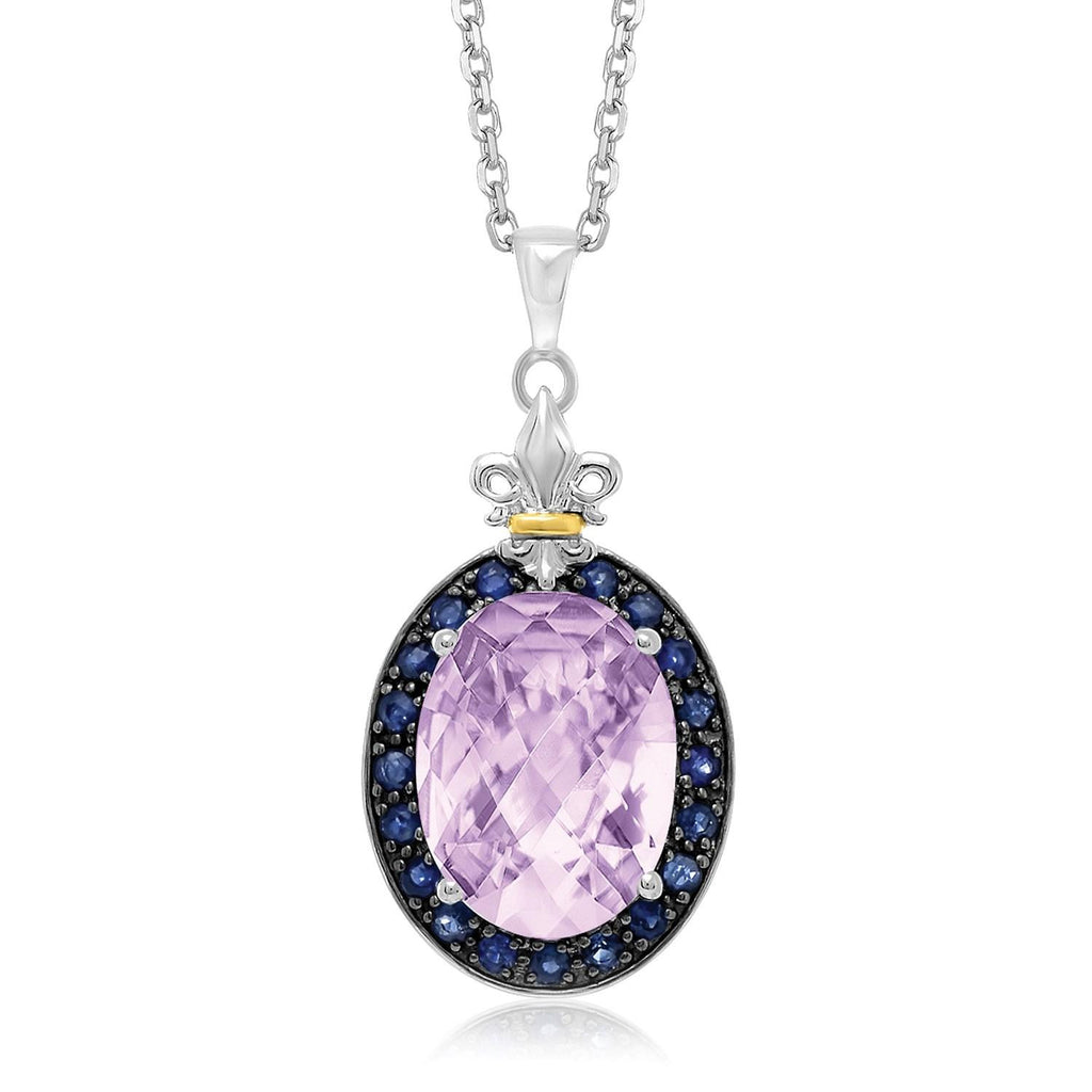 18K Yellow Gold & Sterling Silver Pink Amethyst and Black Sapphire Oval Pendant